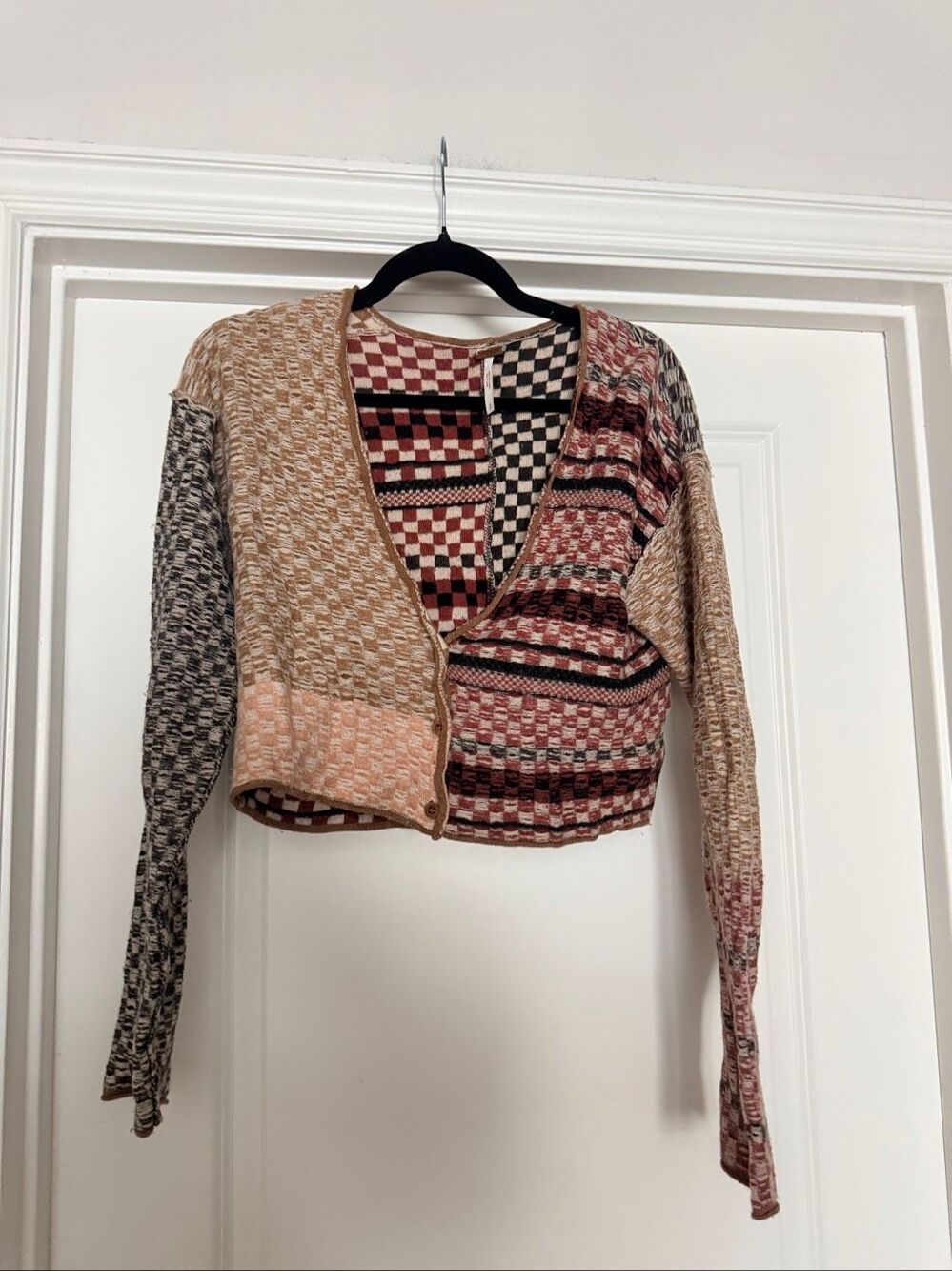 Free People Ready Set Go Cardi Multi Print Patchwork Knit Cardigan Sweater Small
